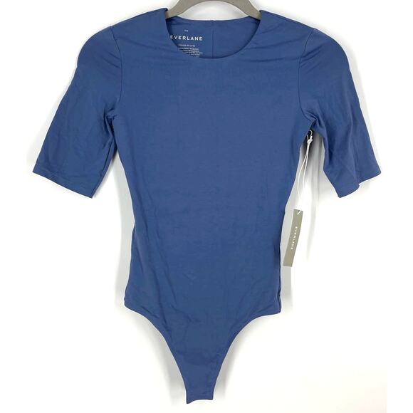 Everlane The Short Sleeve Crew Neck Bodysuit Blue Thong Supima Cotton XXS NWT - Picture 4 of 4